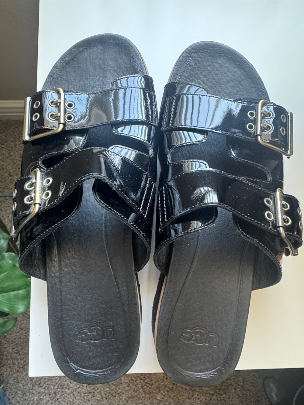 UGG Women's Black Patent Double-Buckle Slide Sandals with Gold Hardware